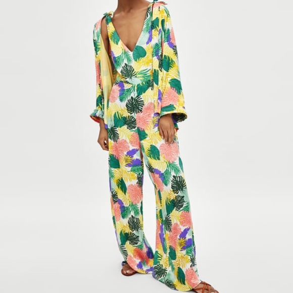 Zara Pants - Zara Tropical Print Jumpsuit With Knotted Straps